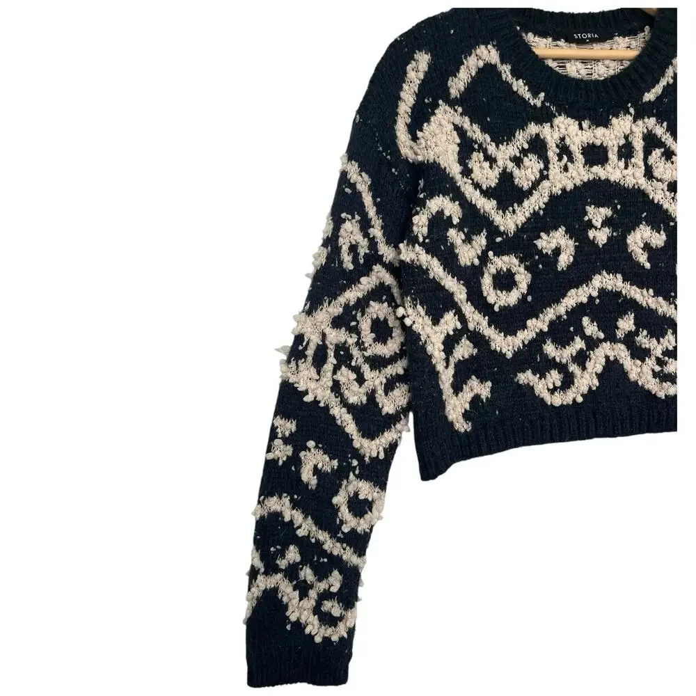 STORIA Sweater Womens Medium Blue Mohair Wool Textured Knit Cropped Boho Cozy